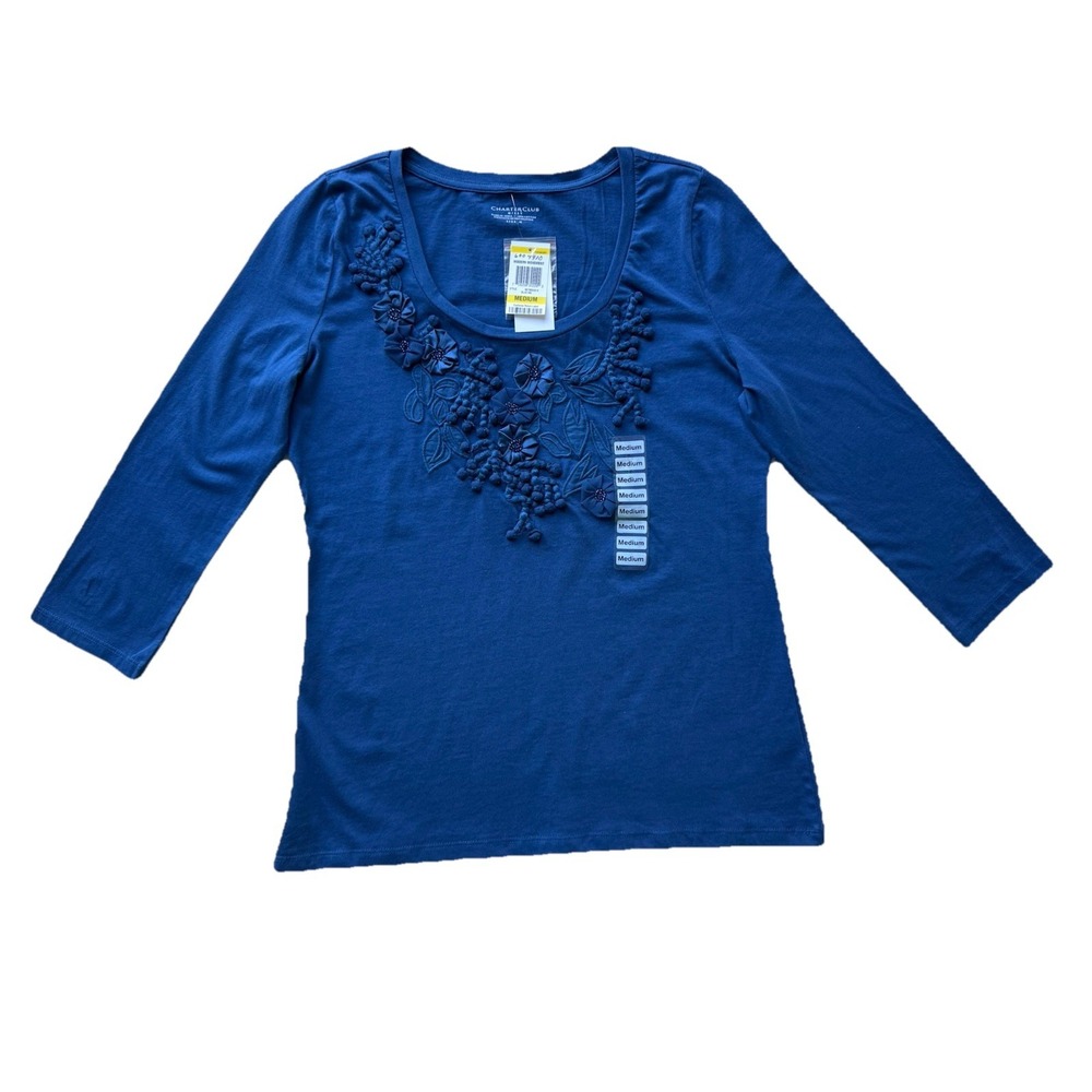 Charter club 3/4 Sleeve Blue Top Embroidered Size M NWT